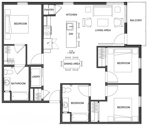 Floor plan for 3 beds, 2 baths, 1164 sqft